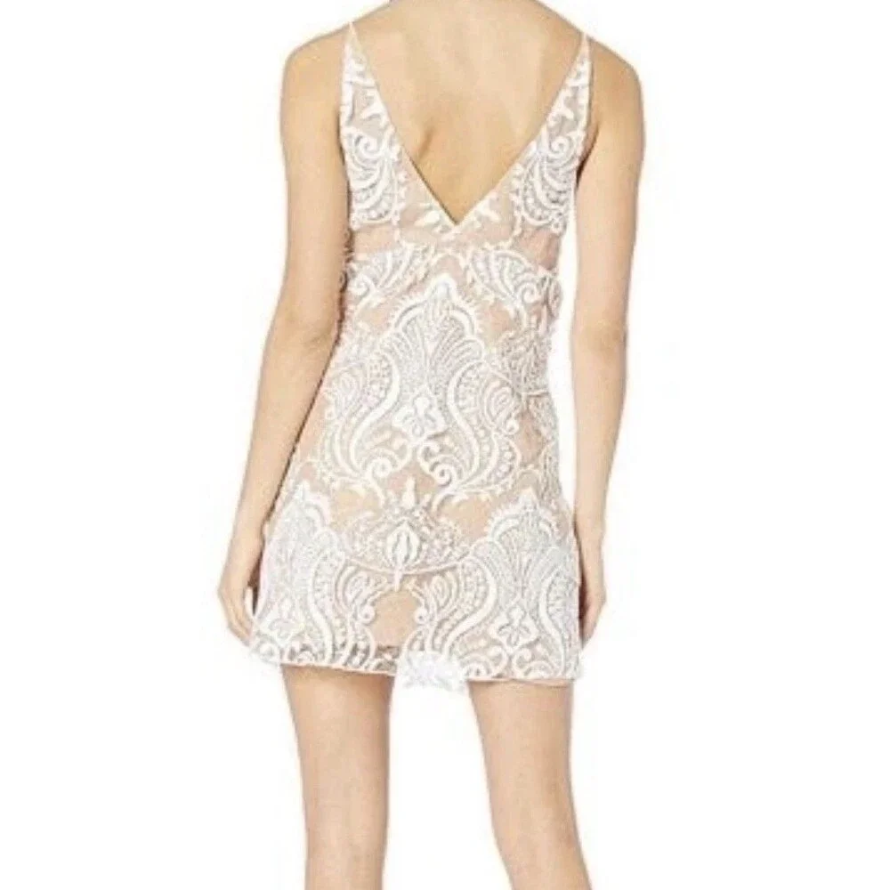 Free People Night Shimmer Mini Dress Size 2 White Sequin Lace Beige Lining Party